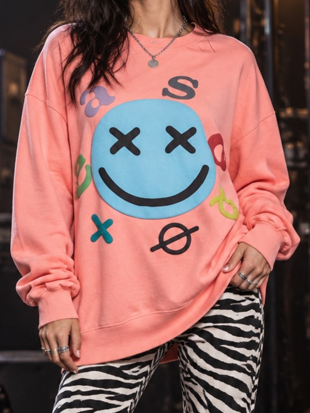 Easel Washed Coral Oversized Smiley Graphic Top — 2x